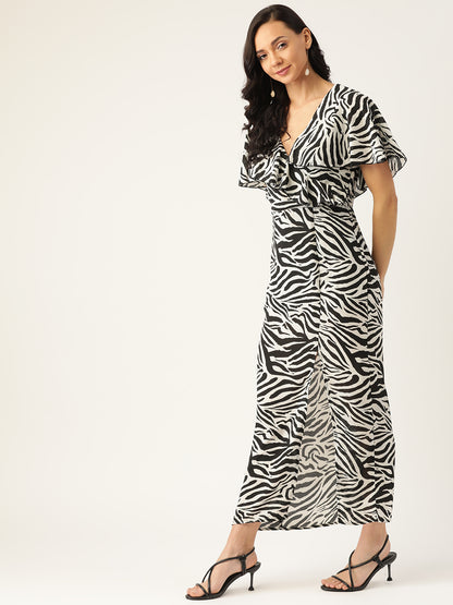 Women's Black & White Zebra Print Maxi Dress V-Neck Slit Dress for Casual & Party Wear