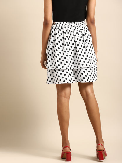 Women's White & Black Polka Dot Tiered Mini Skirt