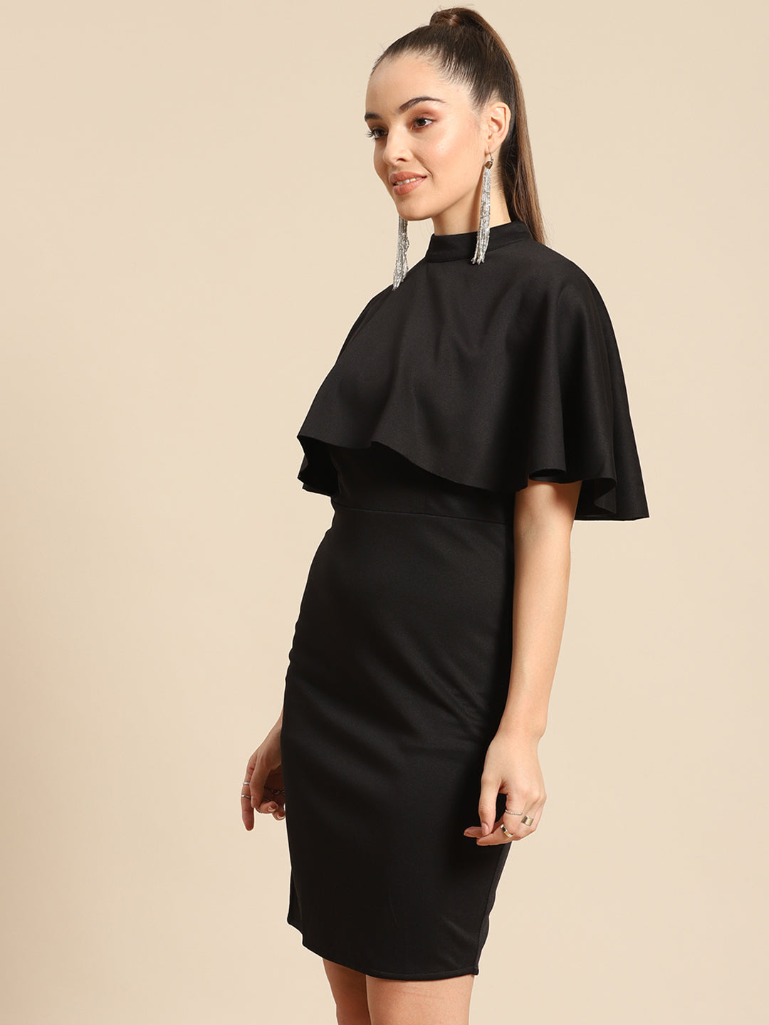 Elegant Black Bodycon Dress for Women – High Neck with Cape Sleeve