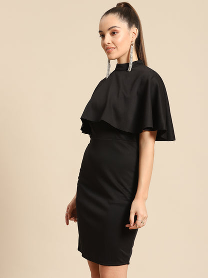 Elegant Black Bodycon Dress for Women – High Neck with Cape Sleeve