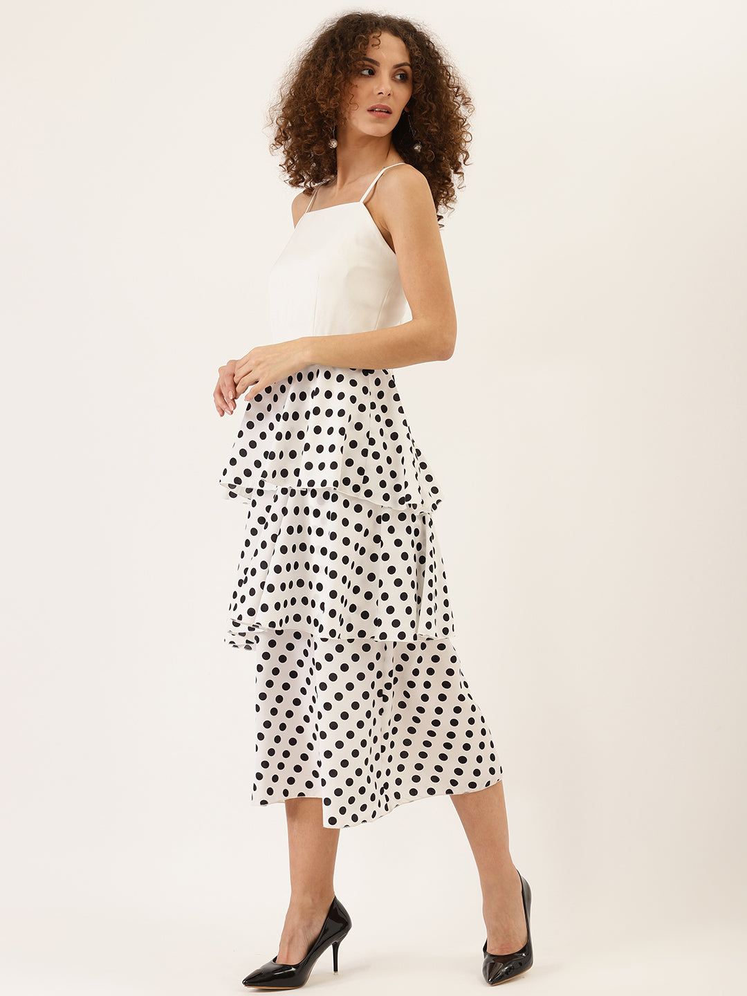 Women's White Spaghetti Strap Tiered Midi Dress with Black Polka Dots Stylish Layered Design