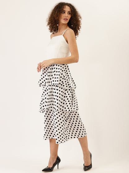 Women's White Spaghetti Strap Tiered Midi Dress with Black Polka Dots Stylish Layered Design