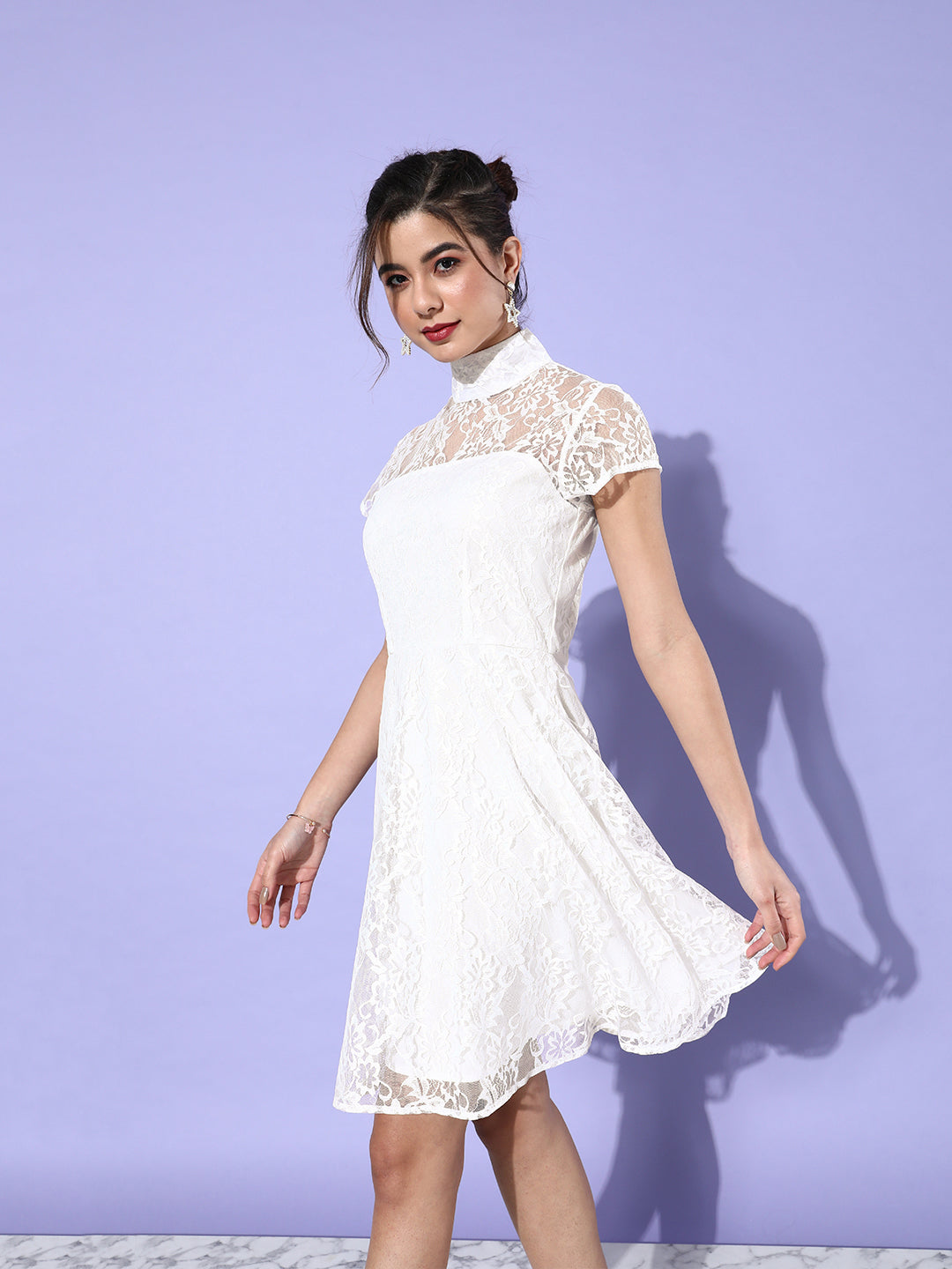 Elegant White Lace Fit & Flare Dress with High Neck Timeless & Graceful