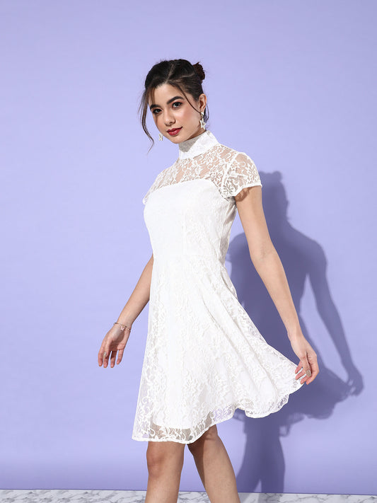 Elegant White Lace Fit & Flare Dress with High Neck Timeless & Graceful
