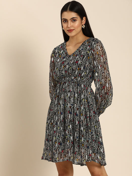 Black Floral Pleated Georgette Mini Dress with Sheer Sleeves