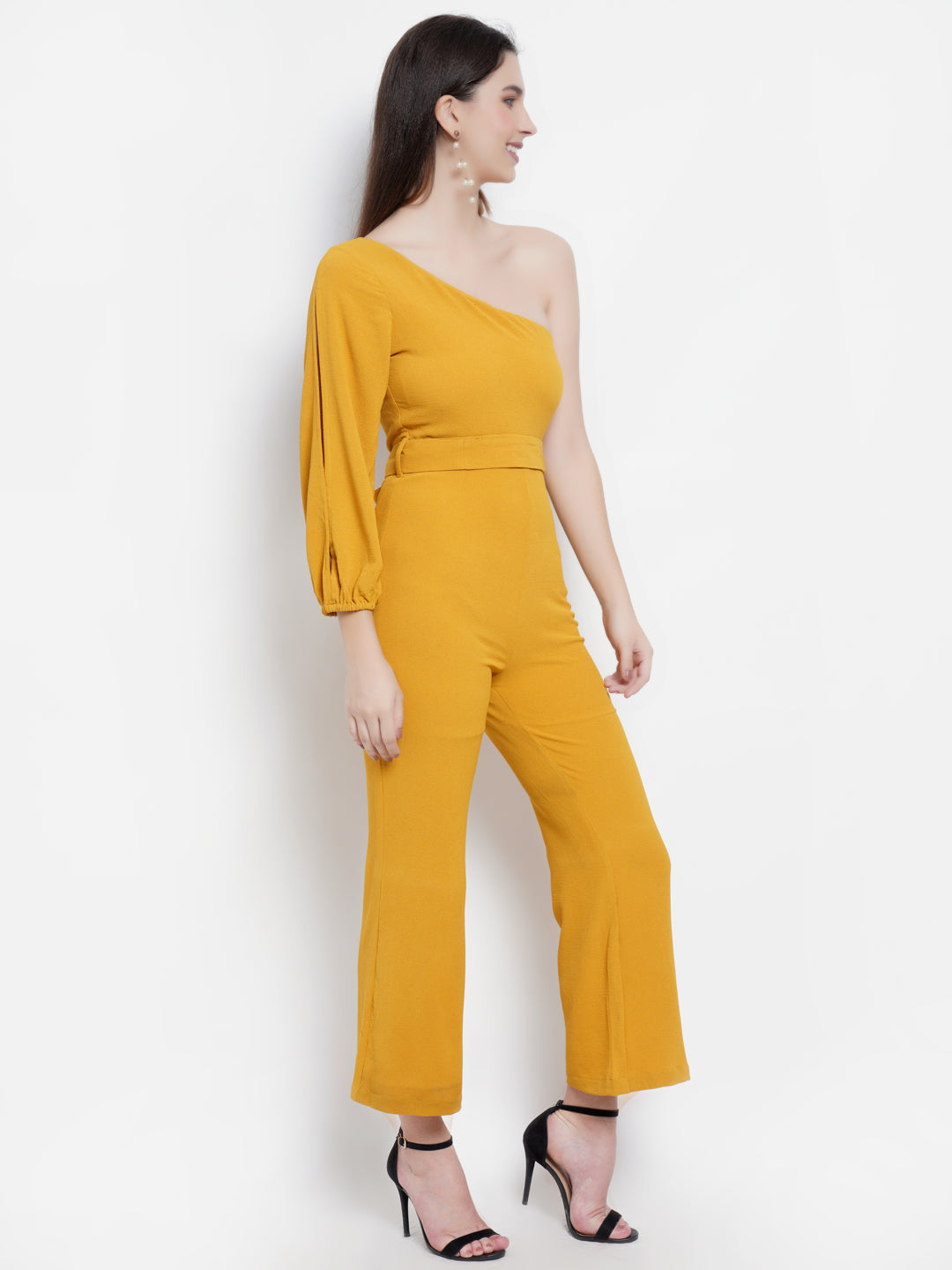 Mustard Yellow One-Shoulder Jumpsuit with Slit Sleeve – Elegant Party Wear