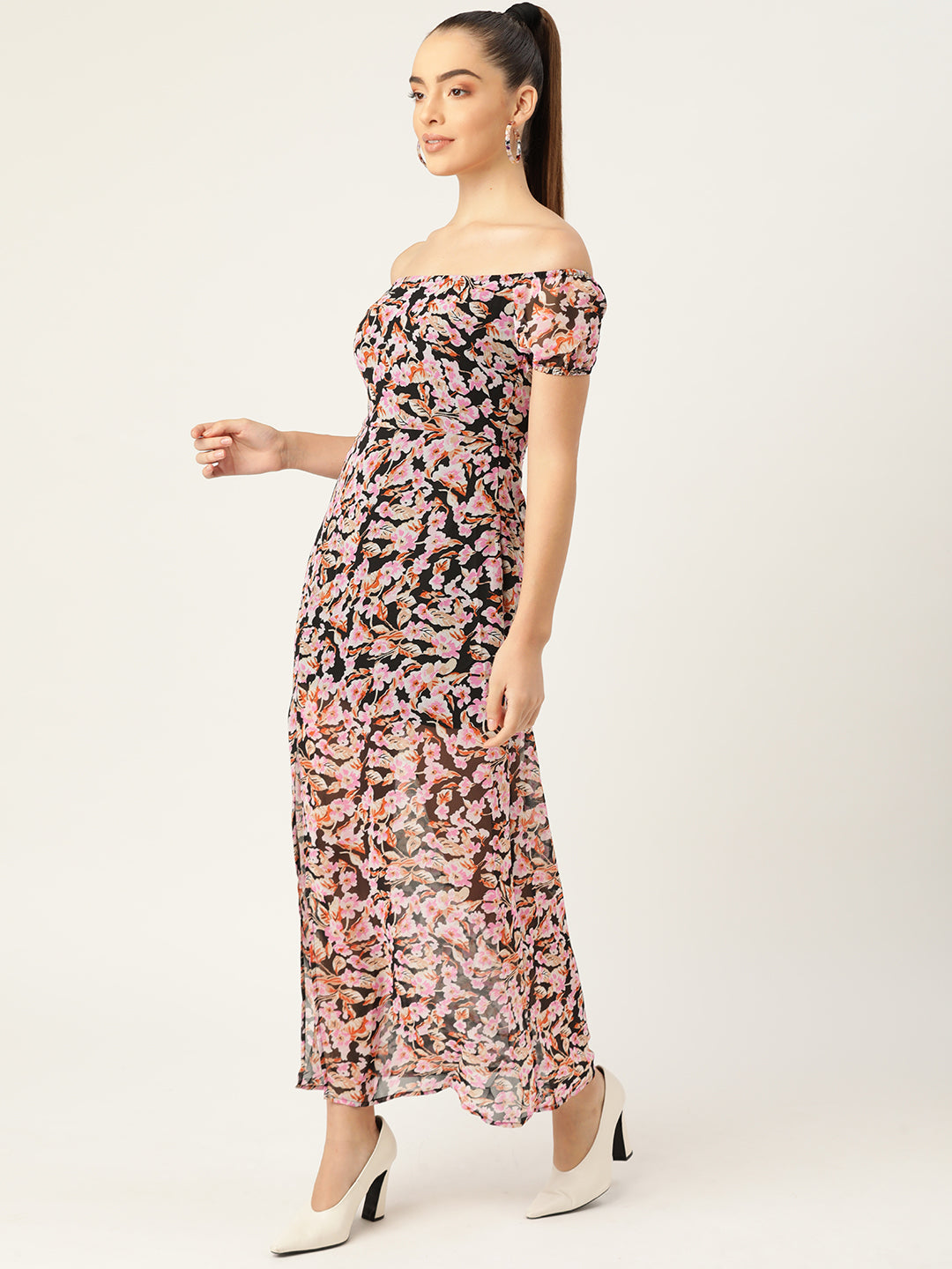 Off Shoulder Black Floral Print Slit Maxi Dress for Women
