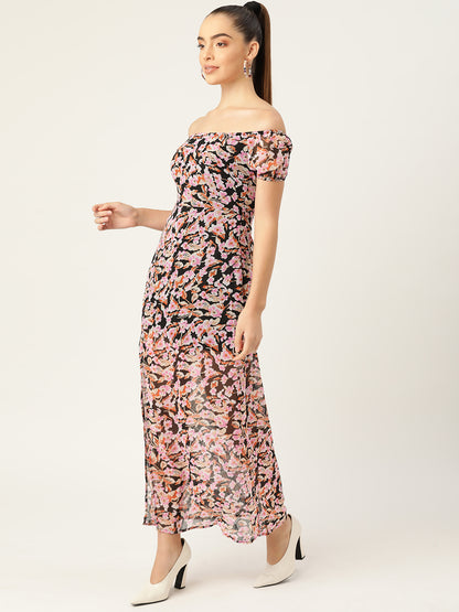 Off Shoulder Black Floral Print Slit Maxi Dress for Women