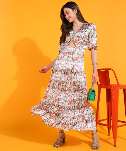White Floral Print Cut-Out Midi Dress with Puff Sleeves – Boho Summer Dress for Women