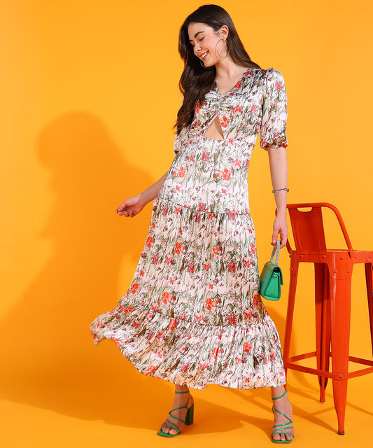 White Floral Print Cut-Out Midi Dress with Puff Sleeves – Boho Summer Dress for Women