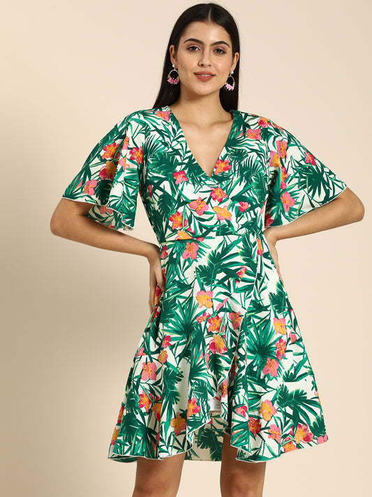 Tropical Floral Print V-Neck Fit & Flare Mini Dress Summer Vacation Vibes