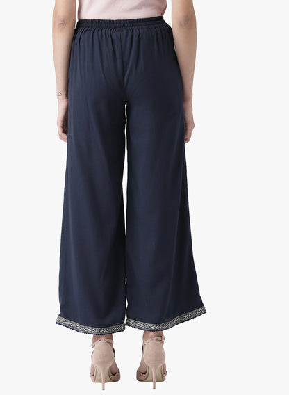 Women's Navy Blue Wide-Leg Pants with Embroidered Hem – Ethnic Casual Trousers