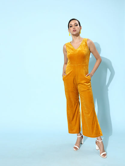 Mustard Yellow Velvet Sleeveless Jumpsuit for Women