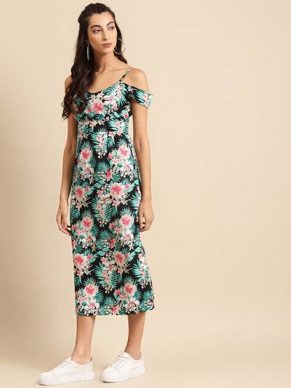Women Black Floral Print Cold Shoulder Midi Dress