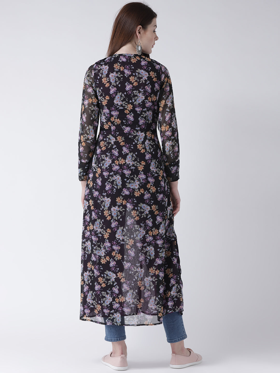 Women's Black Floral High-Low Kurta with Sheer Sleeves and Keyhole Neck