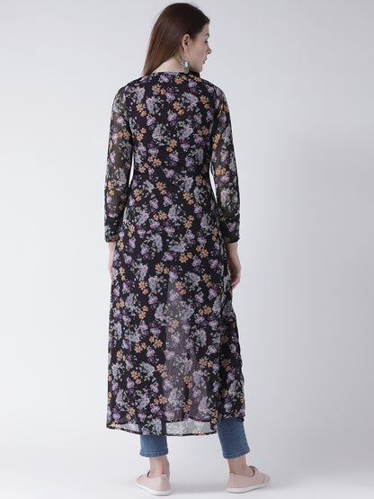 Women's Black Floral High-Low Kurta with Sheer Sleeves and Keyhole Neck