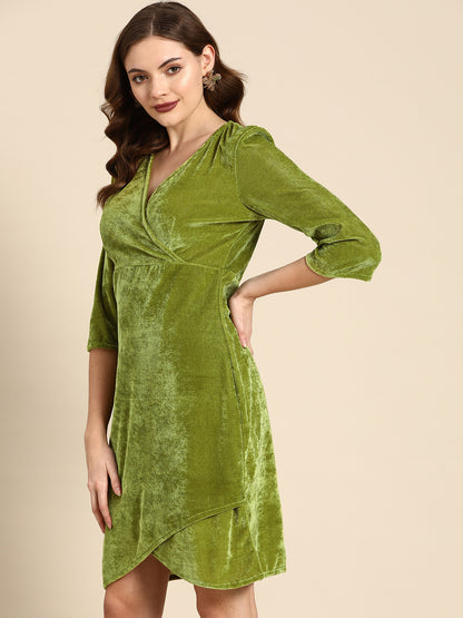 Elegant Green Velvet Wrap Dress for Women – Party Wear Dress with 3/4 Sleeves & Asymmetric Hem