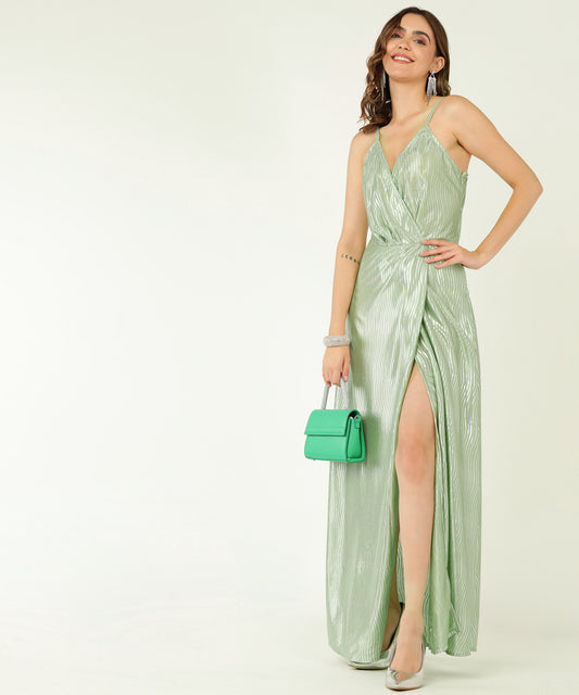 Mint Green Metallic Maxi Dress with Spaghetti Straps and Draped Neckline