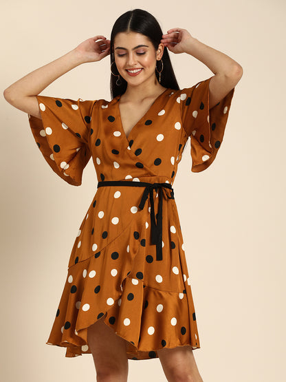 Brown Polka Dot Wrap Mini Dress with Flared Sleeves & Tie Waist Retro Chic Look