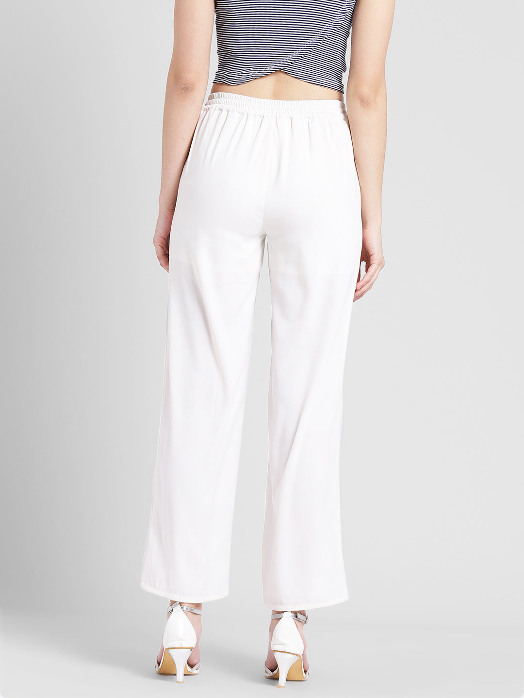 Women's White Track Style Pants with Navy Blue Side Button Detail – Casual Sporty Look
