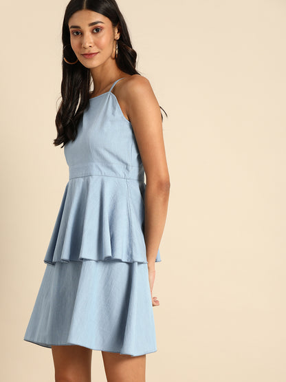 Light Blue Layered Sleeveless Mini Dress for Women - Casual Summer A-Line Dress