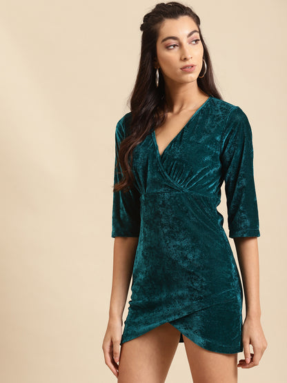 Teal Velvet Bodycon Mini Dress with Wrap Neckline and 3/4 Sleeves