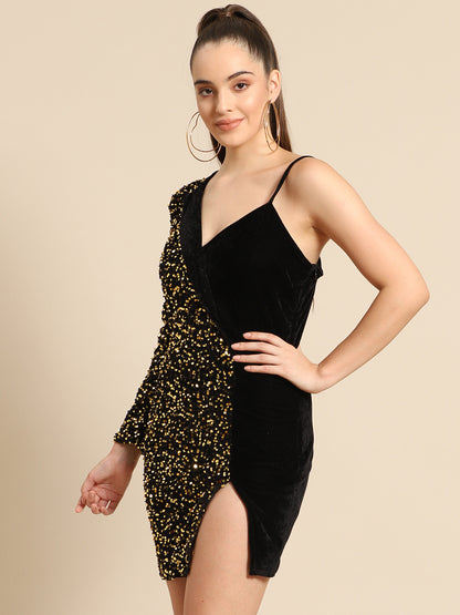 Black Velvet One Shoulder Sequin Party Dress for Women | Stylish Mini Dress