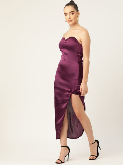 Women Maroon Satin Strapless Dress with Sweetheart Neck and High Slit