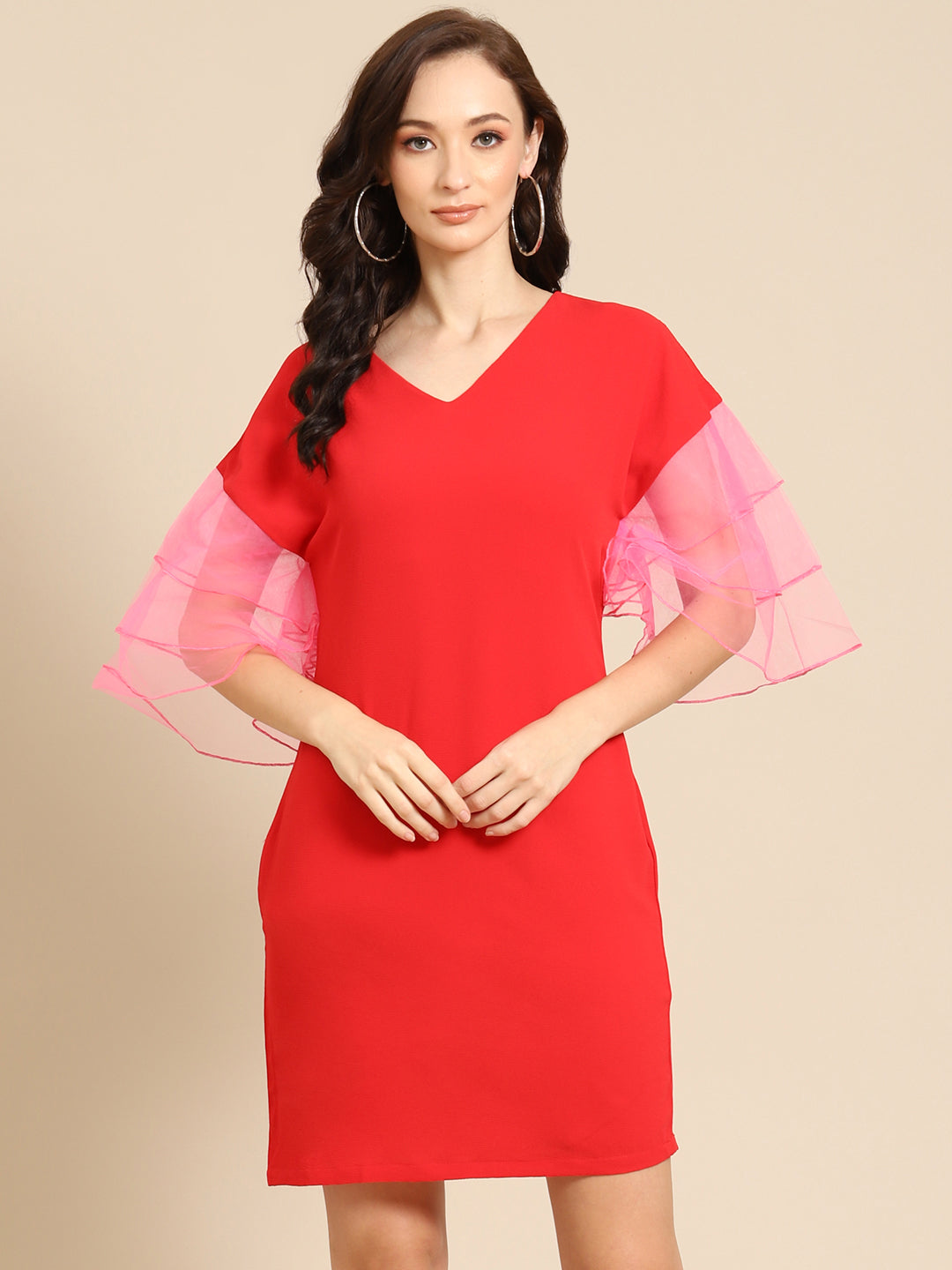 Red Mini Dress with Pink Organza Ruffle Sleeves – Bold & Trendy Party Outfit for Women