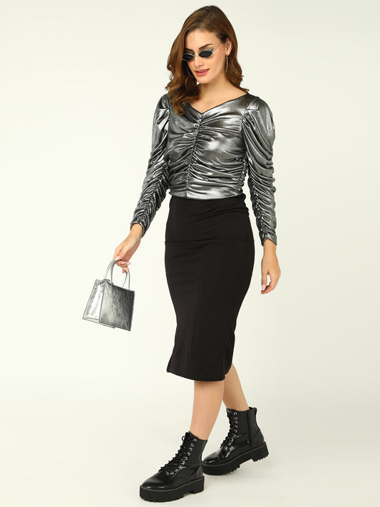 Metallic Silver Ruched Long Sleeve Party Top for Women