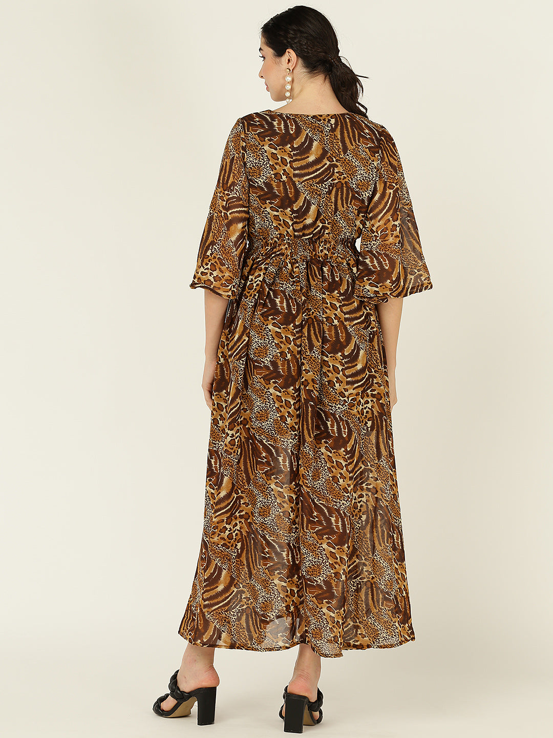 Animal Print Brown Flowy Maxi Dress for Women with Flared Sleeves