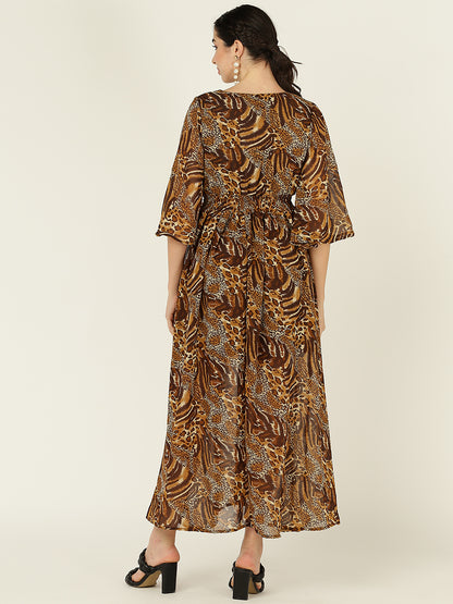 Animal Print Brown Flowy Maxi Dress for Women with Flared Sleeves