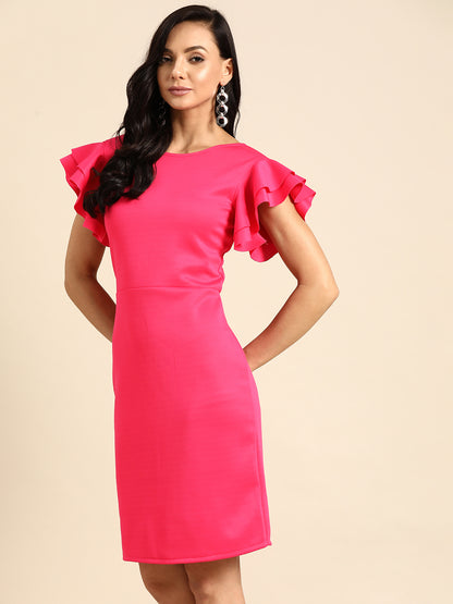 Fuchsia Pink Bodycon Dress for Women with Ruffle Sleeves – Elegant Western Wear for Parties & Events