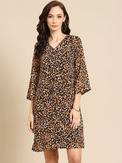 Women’s Leopard Print V-Neck Shift Dress – Casual Stylish Animal Print Outfit
