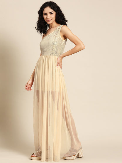 Beige One-Shoulder Sequin Mesh Overlay Party Dress