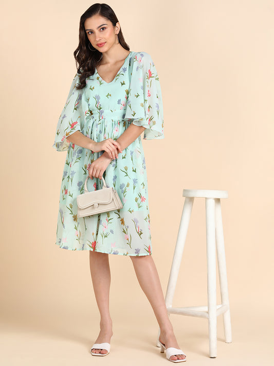 Floral Mint Green A-Line Midi Dress with Bell Sleeves – Summer Casual Dress for Women