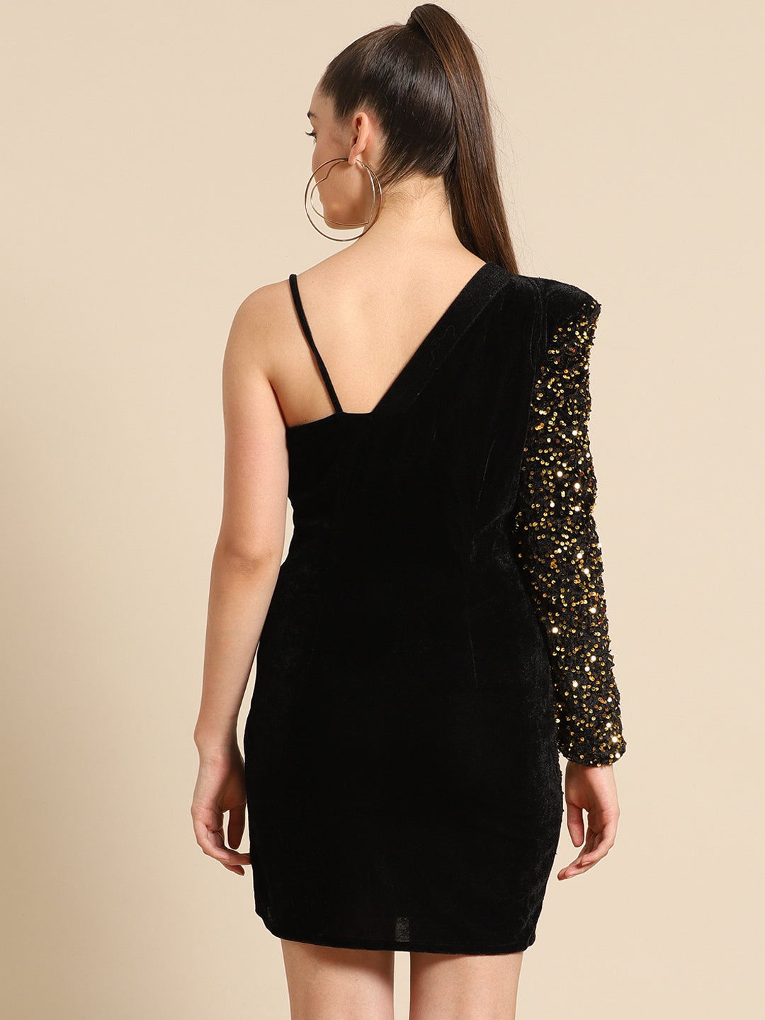 Black Velvet One Shoulder Sequin Party Dress for Women | Stylish Mini Dress