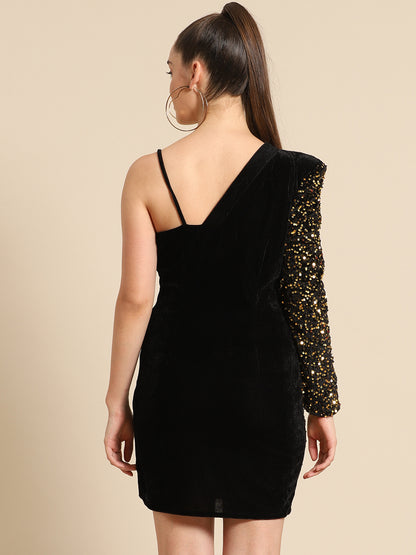 Black Velvet One Shoulder Sequin Party Dress for Women | Stylish Mini Dress