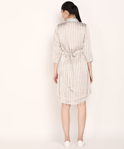 Women's Beige & White Vertical Striped Shirt Dress with 3/4 Sleeves