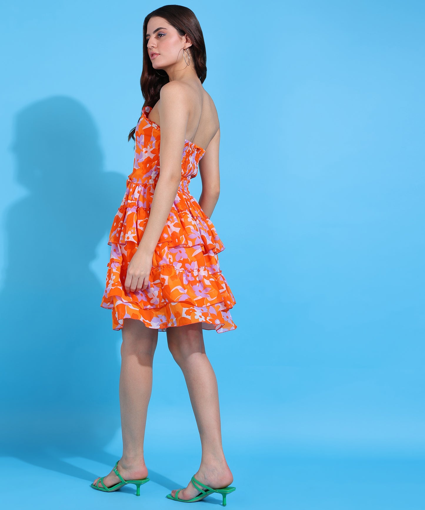 Women's Orange Floral Strapless Ruffle Mini Dress