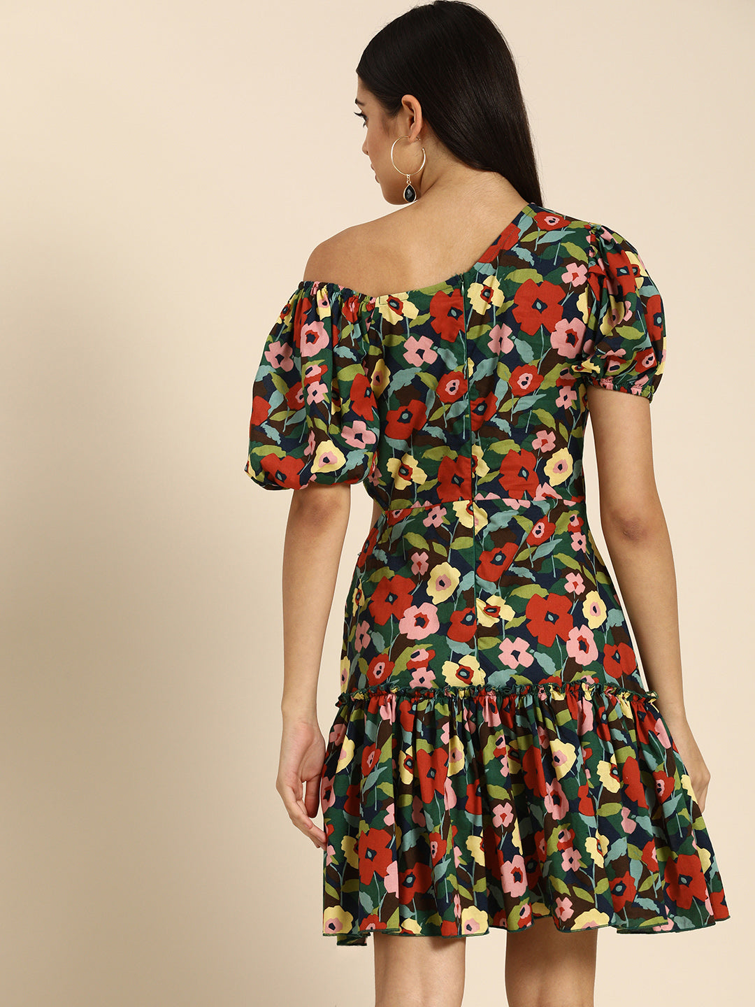 Multicolor One Shoulder Floral Print Mini Dress with Puff Sleeves