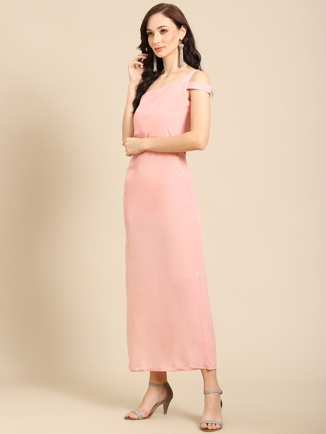 Women’s Peach One Shoulder Satin Maxi Dress – Elegant Party Wear Gown