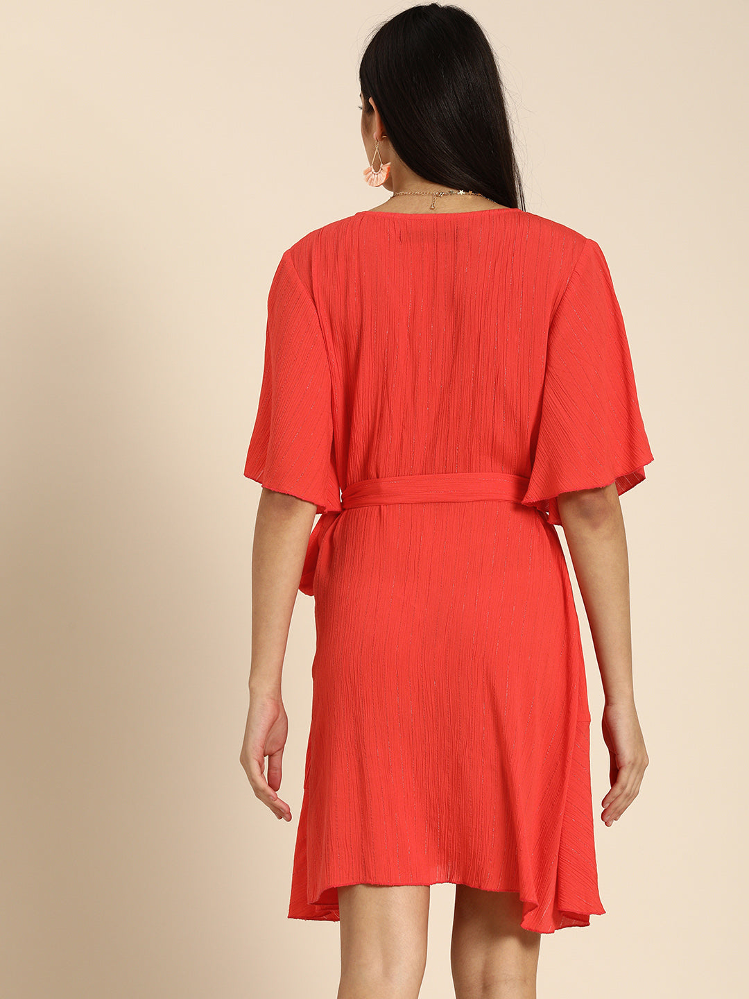 Vibrant Red Wrap Dress with Flutter Sleeves & Ruffle Hem  Effortless Chic