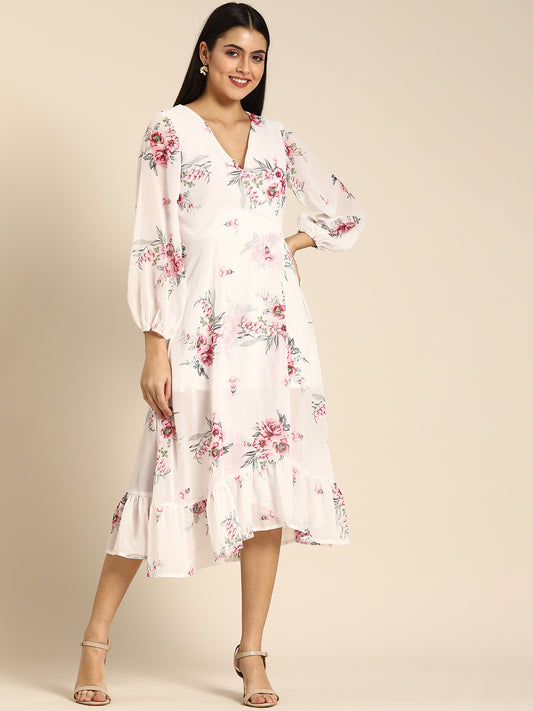 Chic White Floral Midi Dress with Puffy Sleeves & Ruffle Hem Elegant Summer Look