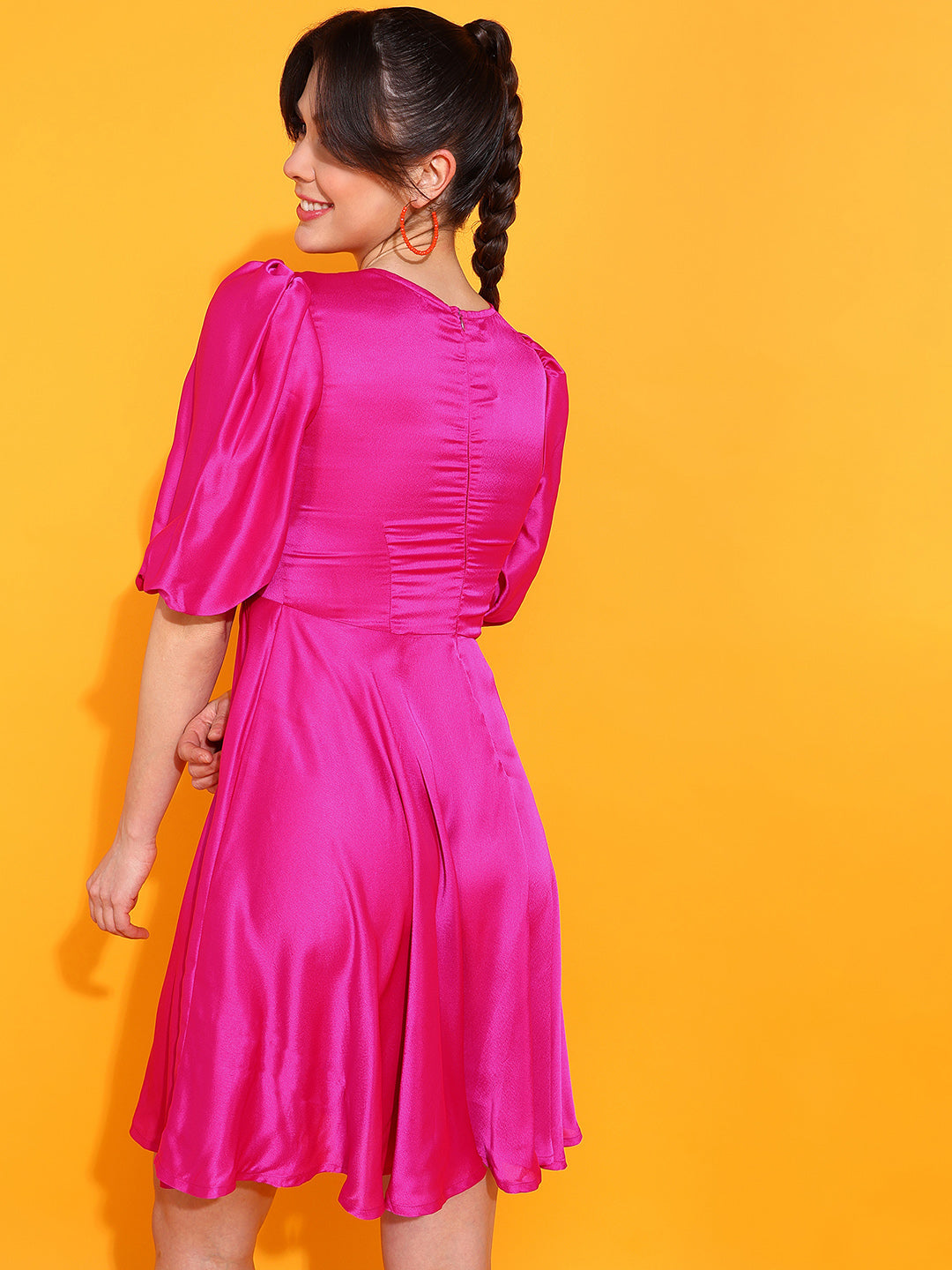 Pink Satin Flare Mini Dress for Women Puff Sleeve Party Outfit