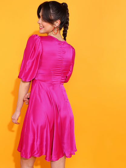 Pink Satin Flare Mini Dress for Women Puff Sleeve Party Outfit