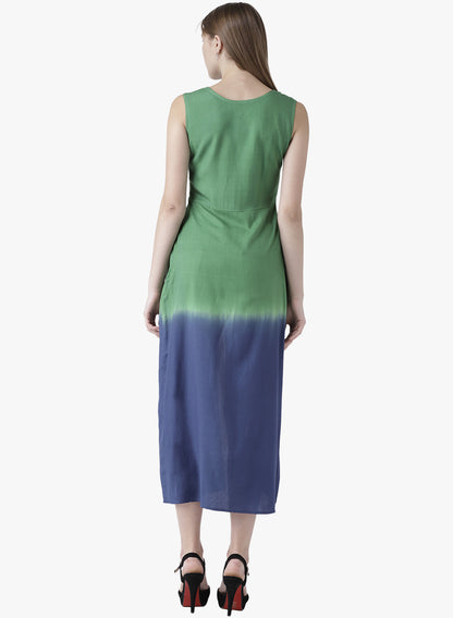 Women's Green and Blue Sleeveless Front Slit Long Kurta for Casual Fusion Look