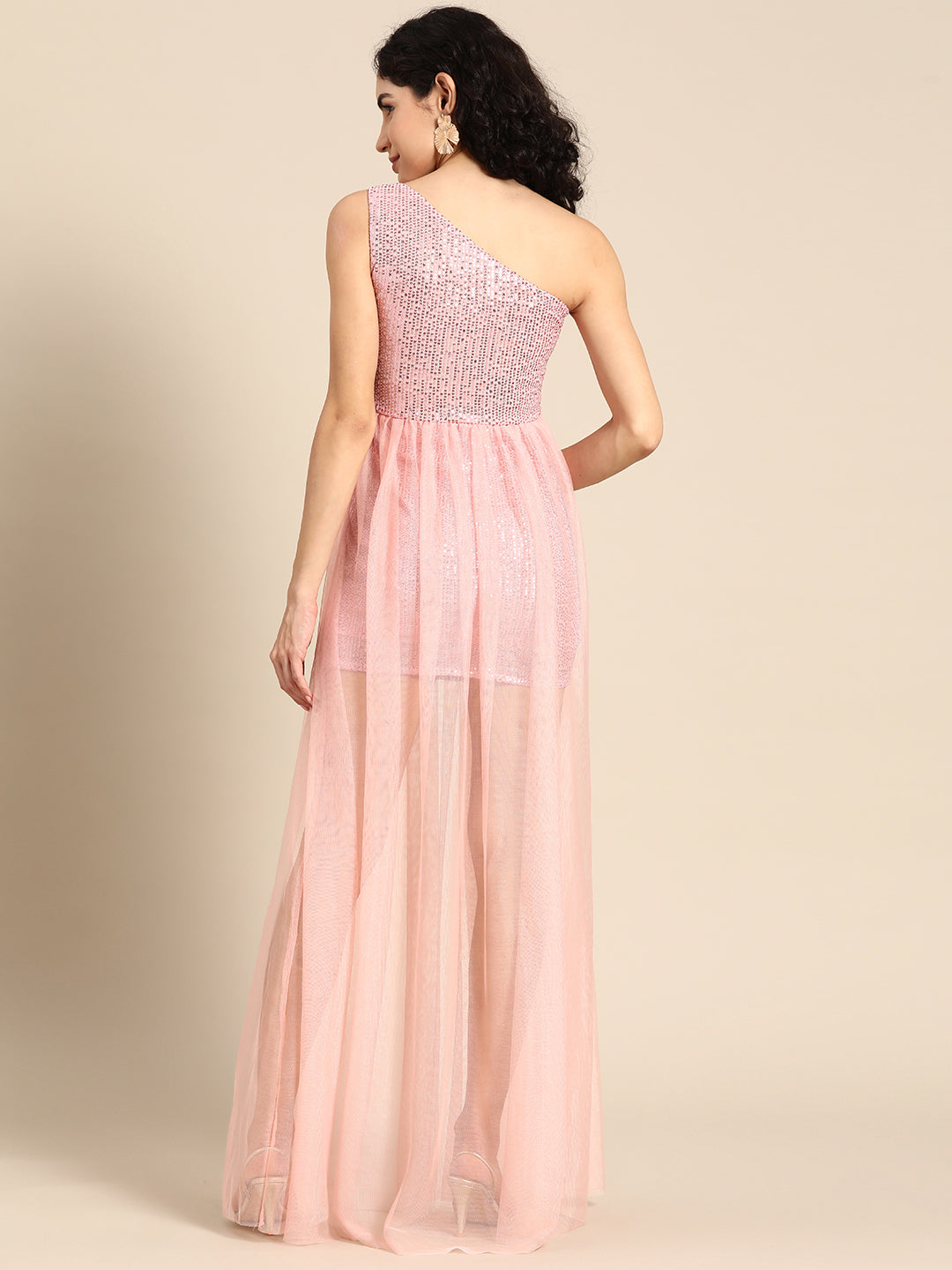 Baby Pink One-Shoulder Sequin Net Overlay Party Dress