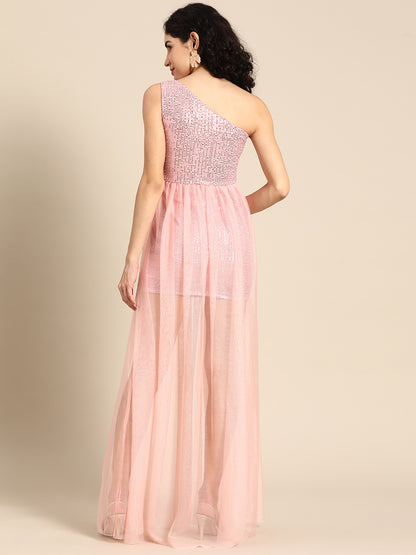 Baby Pink One-Shoulder Sequin Net Overlay Party Dress