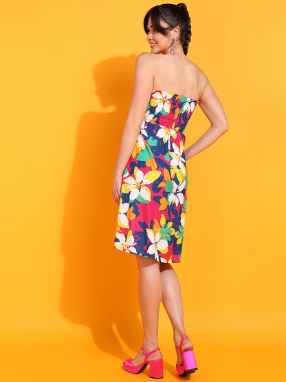 Vibrant Floral Strapless Summer Dress – Colorful Beach Party Outfit